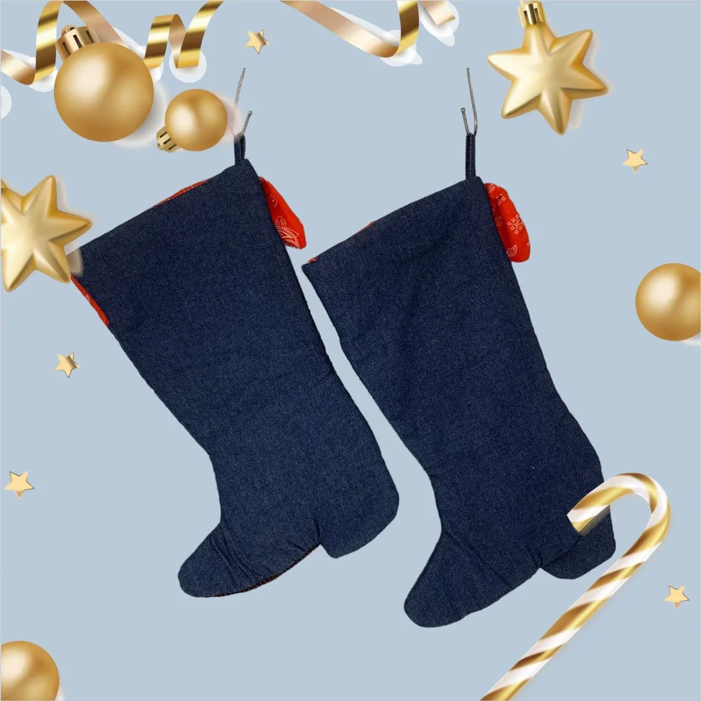 Lot 2 x Stockings Western Cowboy Boot Bandana Cuff Denim Embroidered Christmas